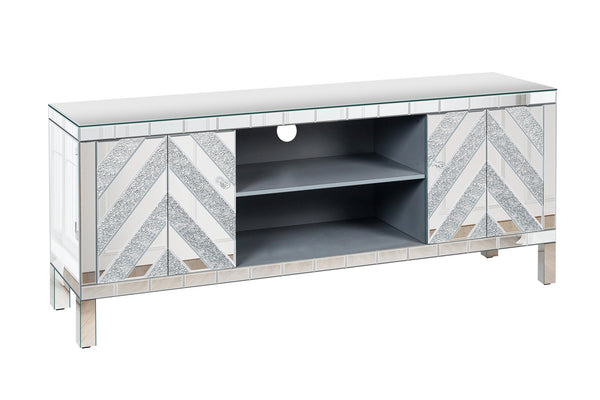 English Elm 47 Inch Mirror Tv Media Console With Diamond Glass Doors - Chic Dual Storage For Modern Living Spaces W1445P299045