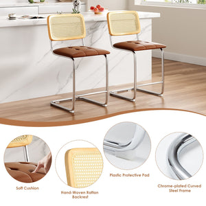 English Elm Farini Velvet Counter Height Bar Stools Set of 2 with Rattan Back, Cantilever Comfort & Floor Protectors Brown T3623P354966