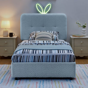 English Elm Twin Kids Boucle Upholstered Bed Rabbit Ear Headboard Led Lighting Four Storage Drawers Navy W1413P384922