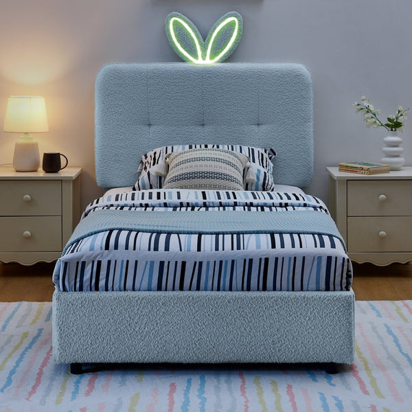 English Elm Twin Kids Boucle Upholstered Bed Rabbit Ear Headboard Led Lighting Four Storage Drawers Navy W1413P384922
