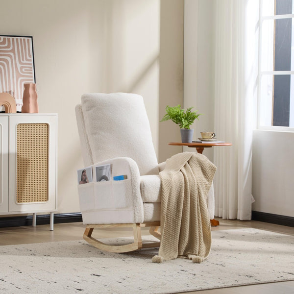 English Elm Modern Upholstered Glider Rocker with Teddy Fabric High Back and Rubberwood Base White W3723P409074