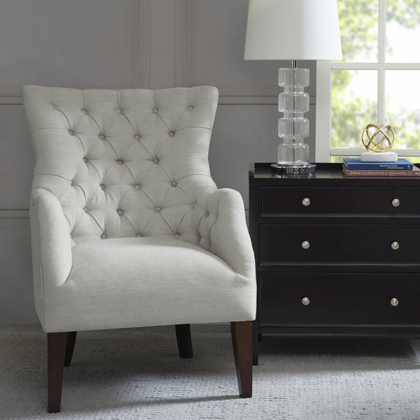 English Elm Hannah Button tufted wing chair with birch espresso legs, luxe linen-blend upholstery, high-density foam comfort Ivory 32.8 L x 33.8 W x 29.9 H B03548233