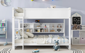 English Elm Queen Over Queen Floor Bunk Bed with Built-In Storage Shelves, USB Charging Station, Solid Pine Frame, Safety Rails and LadderDesigned for Space Saving and Modern Bedrooms White W504S00240