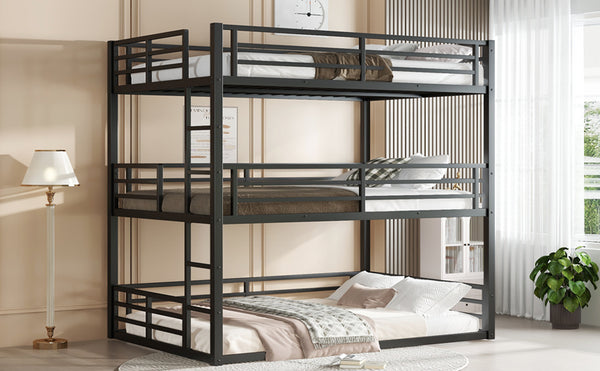 English Elm Full Triple Bunk Bed - Heavy-Duty Metal Frame With Safety Guardrails, Space-Saving Design, Black W1580S00144