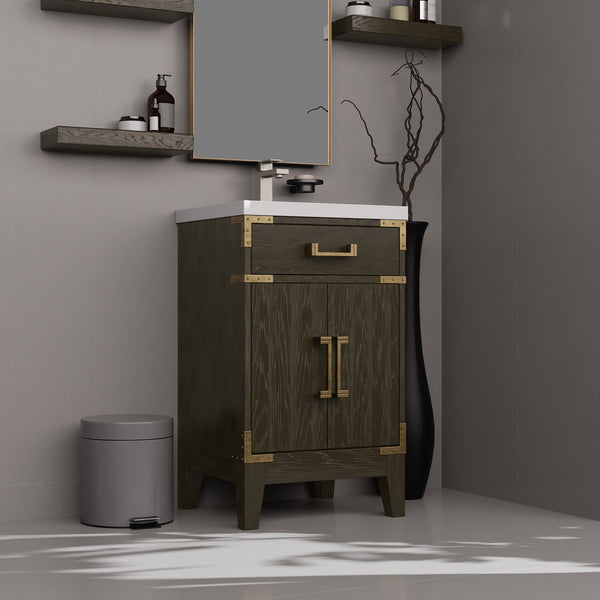 English Elm Brown Oak Single Bath Vanity - Elegant 20" Modern Design With Soft-Close Hinges & Ample Storage B2731P259728