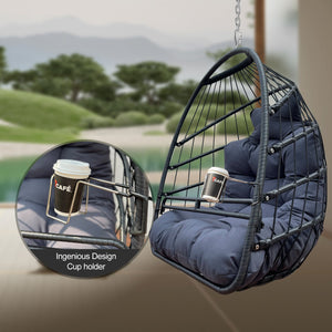 English Elm Swing Hammock Egg Chair with Wood-Grain Alloy Frame, UV-Resistant Rattan, Foldable 350lb Capacity Black W2707P184373