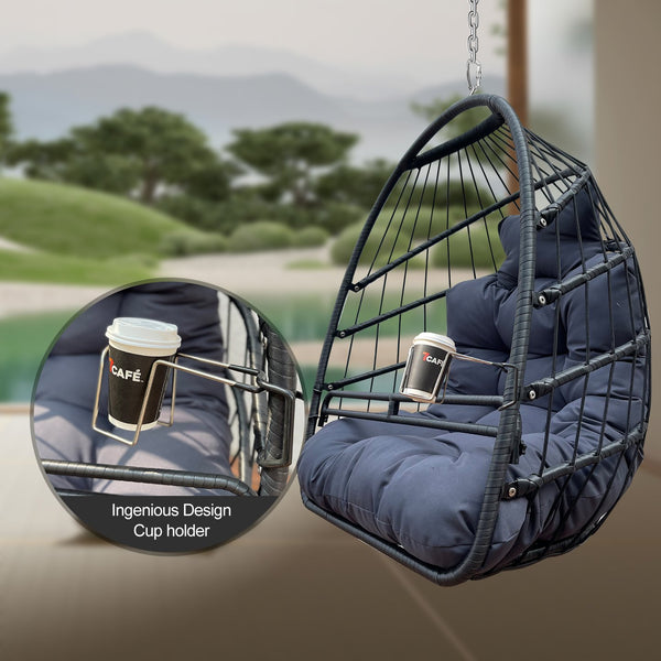 English Elm Swing Hammock Egg Chair with Wood-Grain Alloy Frame, UV-Resistant Rattan, Foldable 350lb Capacity Black W2707P184373
