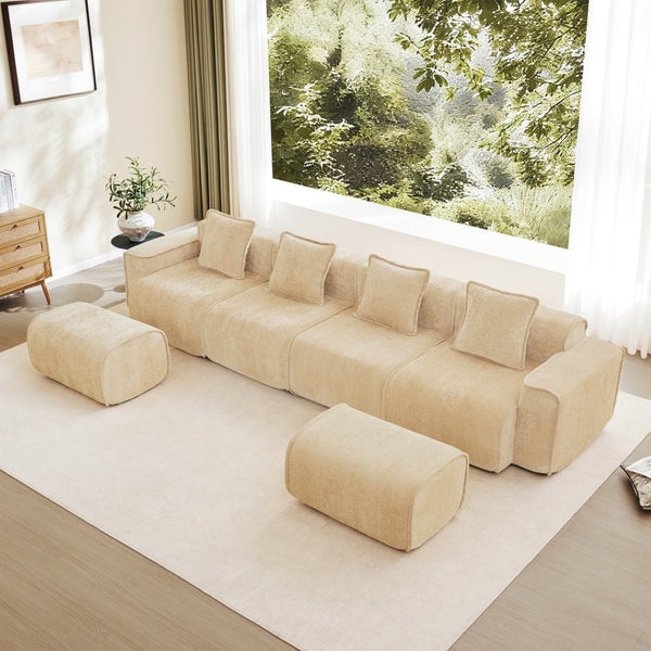English Elm Streamlined Modular U-shape Sectional Velvet Sofa with Cloud Comfort and Movable Ottomans Light Camel W3041S00356