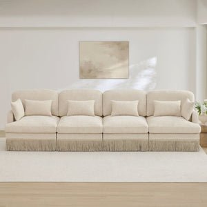 English Elm 131" Chenille Leopard Sectional Sofa Modular 4 Seat Deep Cushion Tassel Trim Beige W5656S00007