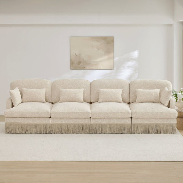 English Elm 131" Chenille Leopard Sectional Sofa Modular 4 Seat Deep Cushion Tassel Trim Beige W5656S00007