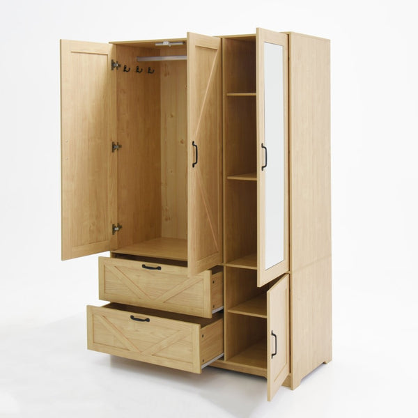 English Elm 4 Door Wooden Wardrobe Cabinet with Led Sensor Light Mirror and Drawers for Bedroom W409S00006