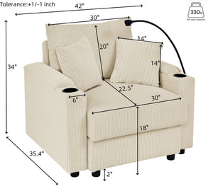 English Elm Modern Sofa Chair With Ottoman, Storage, Cup & Phone Holders – Plush Beige Corduroy For Comfort W1117S00199