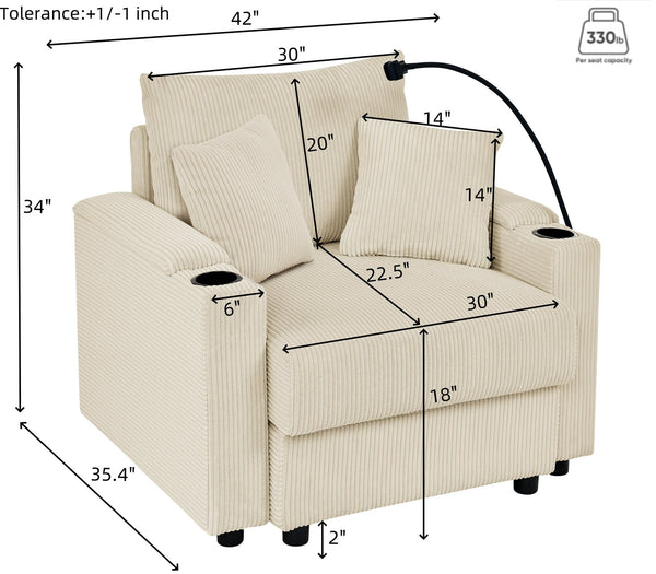 English Elm Modern Sofa Chair With Ottoman, Storage, Cup & Phone Holders – Plush Beige Corduroy For Comfort W1117S00199