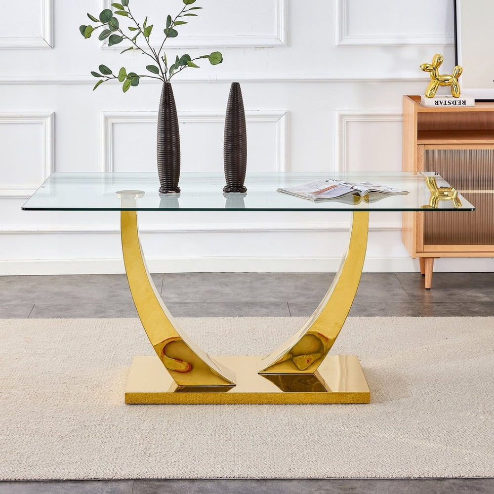 English Elm Large Tempered Glass Dining Table Seats Eight with Gold Plated Stainless Steel Base W1512S00192