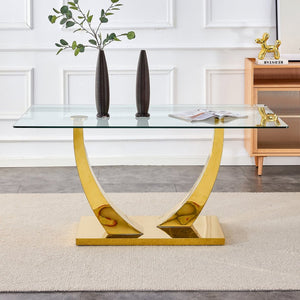 English Elm Large Tempered Glass Dining Table Seats Eight with Gold Plated Stainless Steel Base W1512S00192