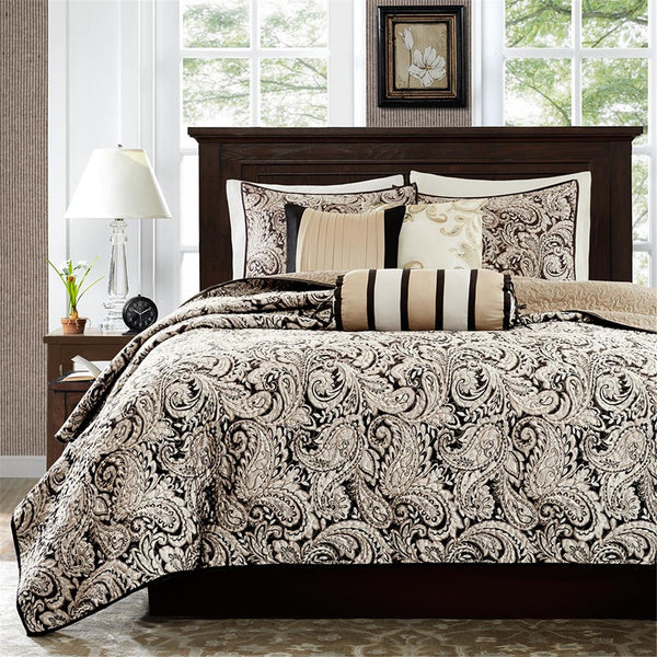 English Elm 6 Piece Aubrey Jacquard Quilt Set Reversible Paisley Weave with Metallic Sheen and Decorative Pillows Black 22.83 L x 18.11 W x 6.7 H B03597447