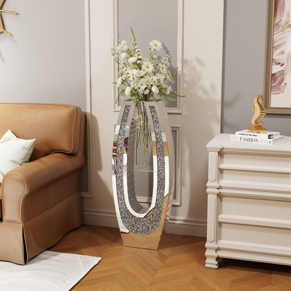 English Elm 35.82"u-shaped Tall Glass Floor Vase with Crystal Diamond Mosaic Silver Mirror Finish W3836P379832