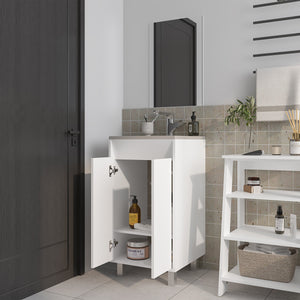English Elm White Bathroom Cabinet with Integrated Sink, Metal Legs and 2-Door Storage for Bright Modern Baths B062P355529