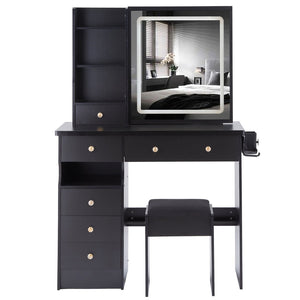 English Elm 37" Vanity Table Set with Led Mirror Stool Built-in Outlets and Hair Dryer Storage Black W3258P448840