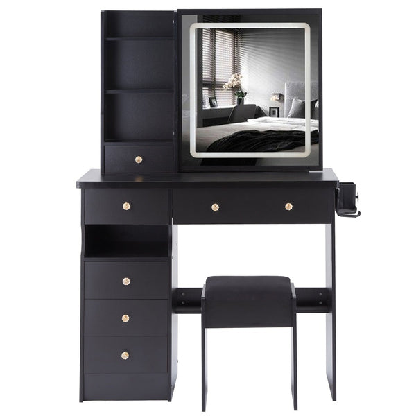 English Elm 37" Vanity Table Set with Led Mirror Stool Built-in Outlets and Hair Dryer Storage Black W3258P448840