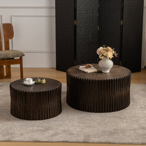 English Elm Vintage Cylindrical Nesting Coffee Table Set, Textured Embossed Wood Accent Tables for Living Room Dark Brown W757P195739