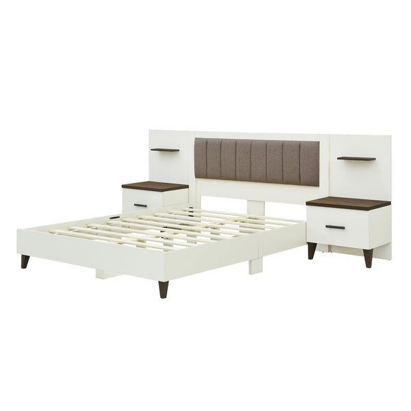 English Elm Christopher Knight Home® - Queen Upholstered Bed Frame with 2 Nightstands, 108" Headboard, Floating Shelves, White Brown Finish N758Q080001W