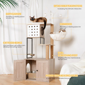 English Elm Cat Condo Tower with Hidden Litter Enclosure Sisal Posts and Feeding Station W1687P304380