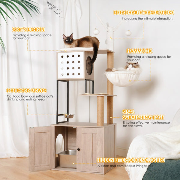 English Elm Cat Condo Tower with Hidden Litter Enclosure Sisal Posts and Feeding Station W1687P304380