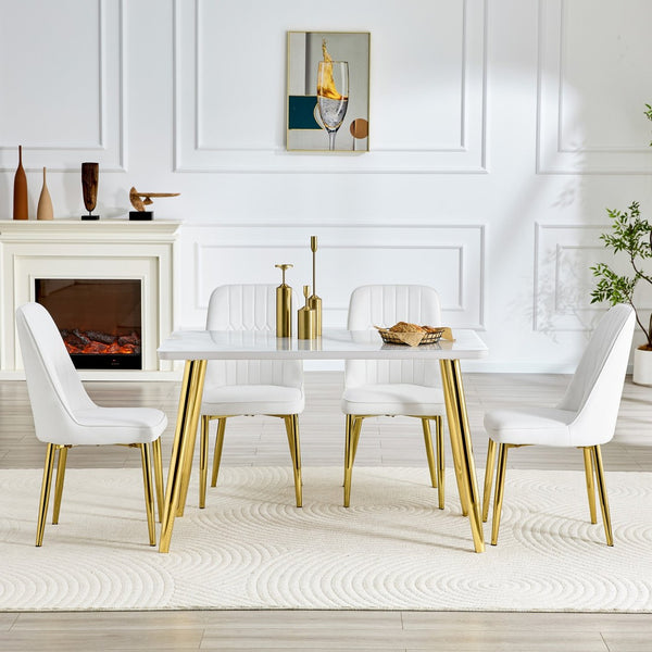English Elm Table and Chair Set Marble Glass Top Gold Legs Pu Leather Seats Modern Dining White+Gold W1151S04635