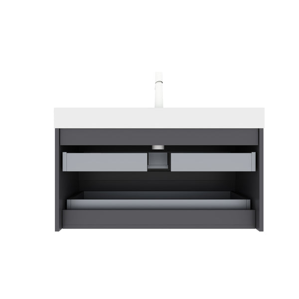 English Elm VENO 36" Floating Bathroom Vanity with Integrated Solid Surface Basin, Plywood Gray Striped Drawers W2615S00041