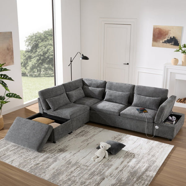 English Elm [video]107'' Chenille Sleeper Sectional with Usb Charging Storage Ottoman and Adjustable Armrest Gray N723S8782E