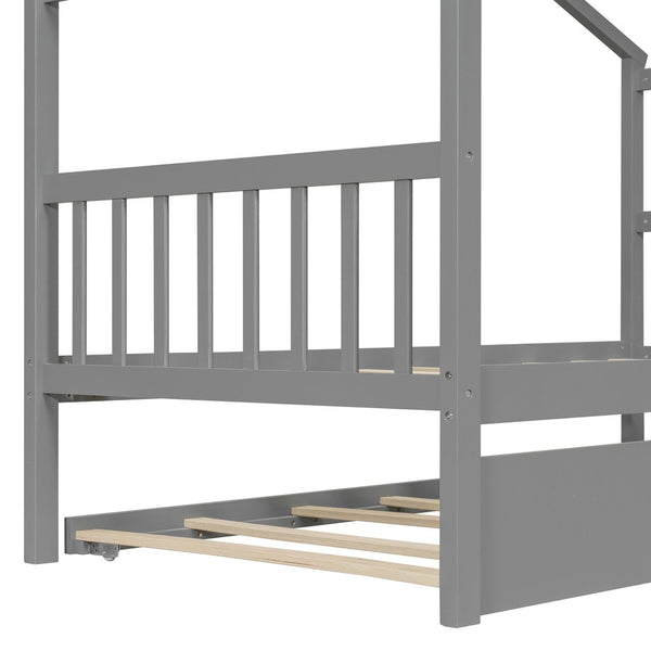 English Elm Twin House Bed Solid Pine Cottage Frame with Pull Out Trundle for Kids Bedroom Gray N708P309238E