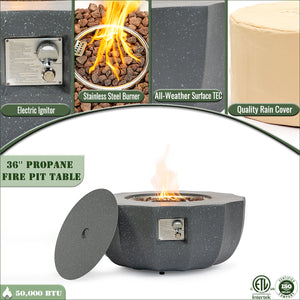 English Elm 36" Propane Fire Pit Table 50000 BTU Gray MgO Concrete Round with Lava Rocks, Pulse Ignition, Cover W853P277120