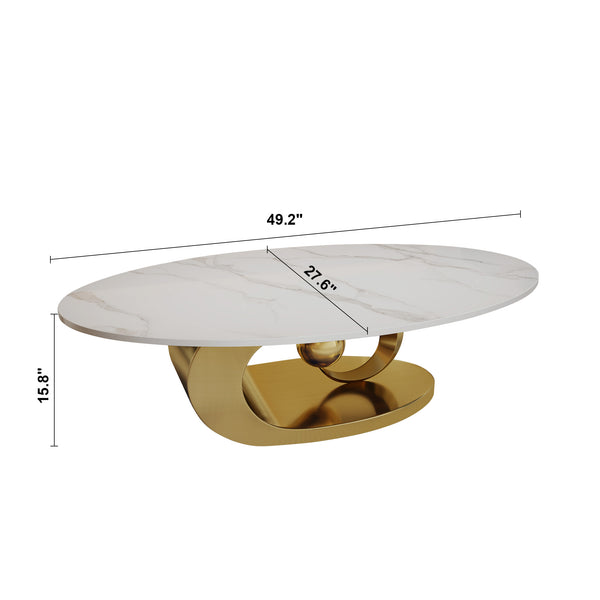 English Elm Modern Sculptural Faux Marble Coffee Table with Fish Belly White Top and Geometric Stainless Base, Leveling Feet W3136S00008