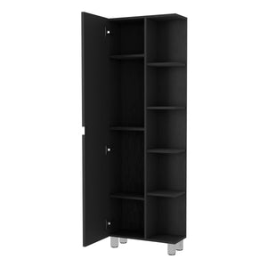 English Elm Urano Mirrored Linen Cabinet with 4 Interior Adjustable Shelves and 5 Open Exterior Storage Shelves Black 63.4 L x 16.5 W x 4.7 H B20091988