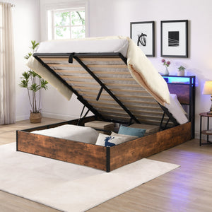 English Elm Lift-Up Storage Bed Frame: Full-Sized Platform Bed With Led Lights, Charging Station & Rustic Brown Finish W1916P184709