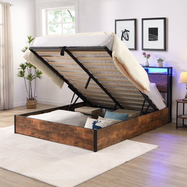 English Elm Lift-Up Storage Bed Frame - Stylish Queen Platform Bed With Charging Station, Led Lights & Bookcase Headboard W1916P184705