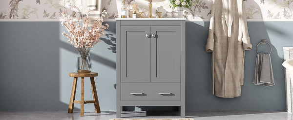English Elm 24-inch Modern Bathroom Vanity with Ceramic Sink, Soft-Close Doors, Drawer Divider & Ample Storage Gray N729P299440E