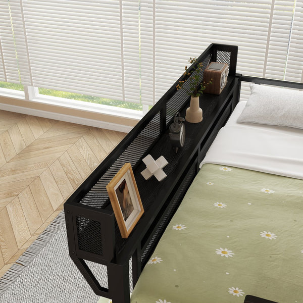 English Elm Full Full over Twin Metal Bunk Bed with Desk, Bookshelves, LED Lighting & USB Charge Station, Black W2580S00040