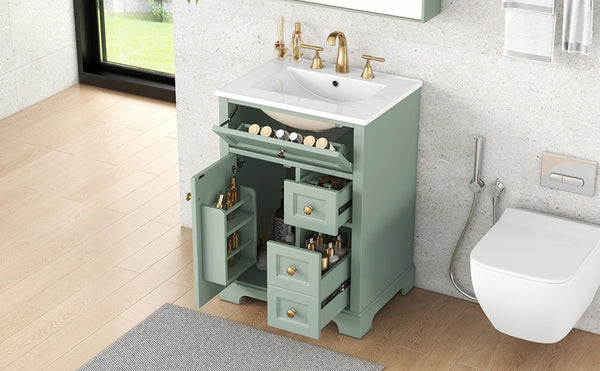 English Elm "24'' 24 Inch Glossy Freestanding Bathroom Vanity with Gold Hardware and Soft Close Storage Green Pinewood N725P375495F