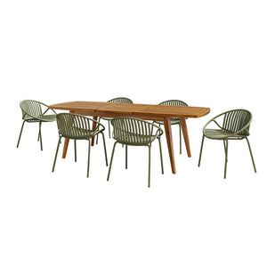 English Elm Christopher Knight Home® - 7 Expandable Outdoor Dining Set with Acacia Table & Stackable Chairs, Durable Metal Frame, Patio Green,Teak N768P192555G_6_65428.00