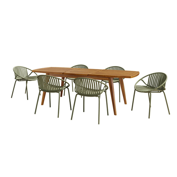 English Elm Christopher Knight Home® - 7 Expandable Outdoor Dining Set with Acacia Table & Stackable Chairs, Durable Metal Frame, Patio Green,Teak N768P192555G_6_65428.00