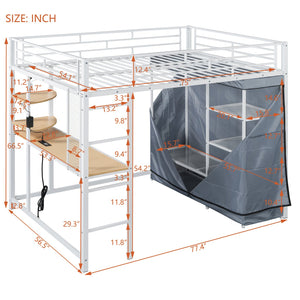 English Elm Full Loft Metal Bed with Built-In Desk, LED Strip, Power Outlet and Fabric Wardrobe for Space-Saving Living White SF000179AAK