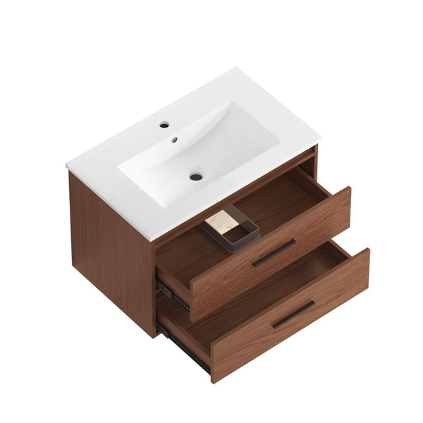 English Elm 30" Wall Mounted Bathroom Vanity Reddish Brown Mdf Two Soft Close Drawer Ceramic Sink W3133S00021