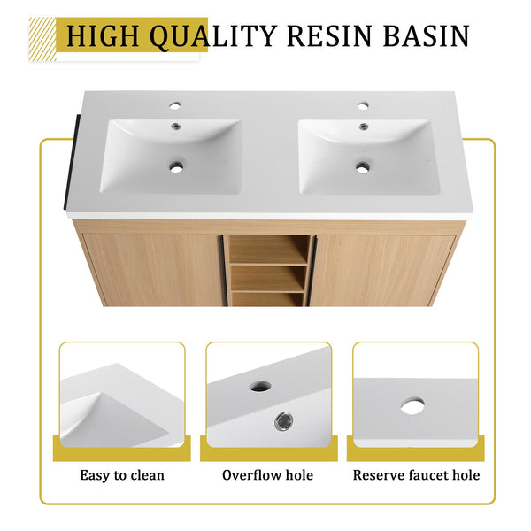 English Elm 48" Freestanding Bathroom Vanity With Resin Double Sink, Soft-Close Doors & Open Storage For Modern Style W999S00479