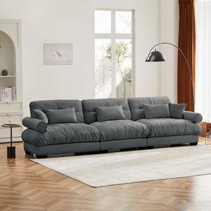 English Elm Extra oversized 3-seat velvet sofa with cloud-like cushions, deep seating, bolster arms and pillows for luxe comfort and support Gray W714S01125