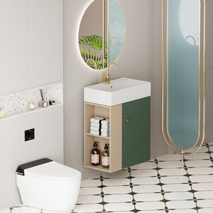 English Elm 21.6" Floating Bathroom Vanity with Ceramic Sink Soft Close Cabinet and Open Shelf W1920S00193