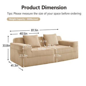 English Elm Modular Boneless 2-Seat Loveseat Sofa with Plush Corduroy, Deep Cloud Comfort and Removable Pillows Camel W3041P353161