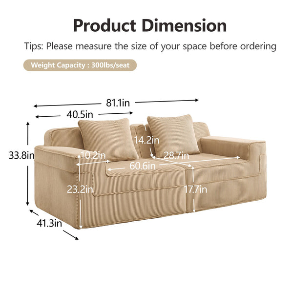 English Elm Modular Boneless 2-Seat Loveseat Sofa with Plush Corduroy, Deep Cloud Comfort and Removable Pillows Camel W3041P353161
