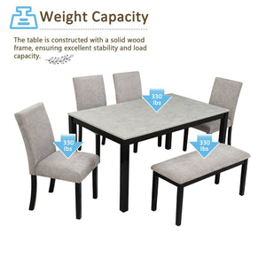 English Elm 6 Piece Rubberwood Dining Set with Bench and Linen Chairs for Transitional Kitchen W1998S00091
